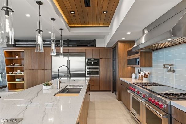 Interior, Kitchen, Pendant Lights, Recessed Lighting, Stainless Steel Appliances, Wooden Ceilings