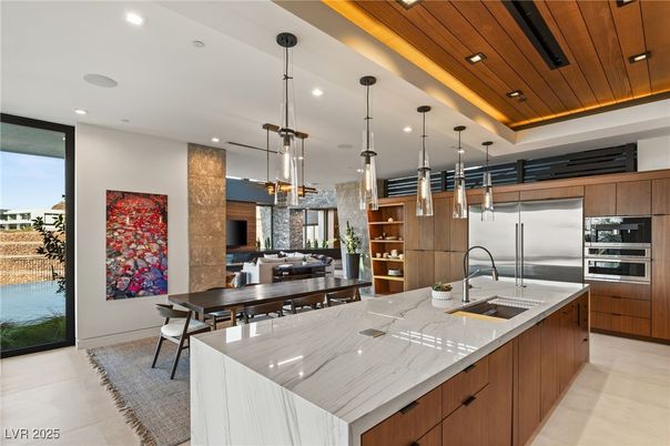 Dining room, Interior, Kitchen, Pendant Lights, Recessed Lighting, Stainless Steel Appliances, Wooden Ceilings