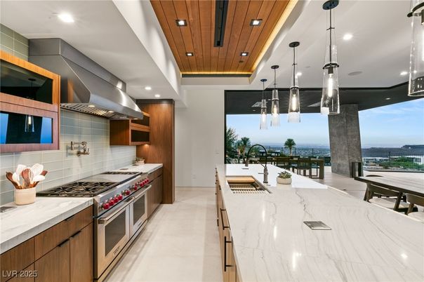 Interior, Kitchen, Pendant Lights, Recessed Lighting, Stainless Steel Appliances, Wooden Ceilings