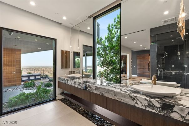 Bathroom, Dual Sink Vanities, Glass Shower, Interior, Pendant Lights, Recessed Lighting