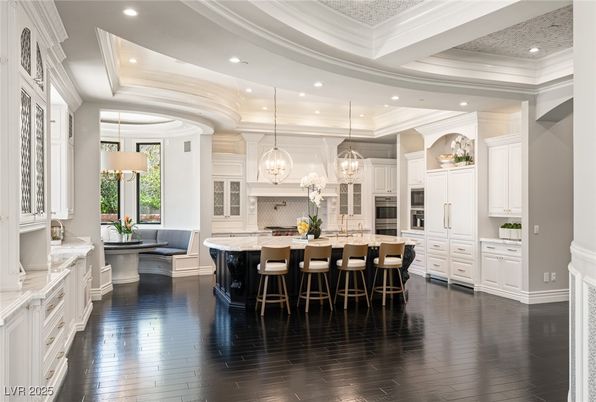 Chandelier, Interior, Kitchen, Pendant Lights, Recessed Lighting, Stainless Steel Appliances, Wood Texture Flooring