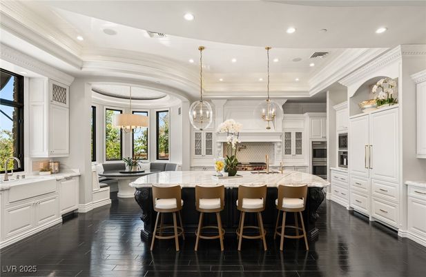 Chandelier, Interior, Kitchen, Pendant Lights, Recessed Lighting, Stainless Steel Appliances, Wood Texture Flooring