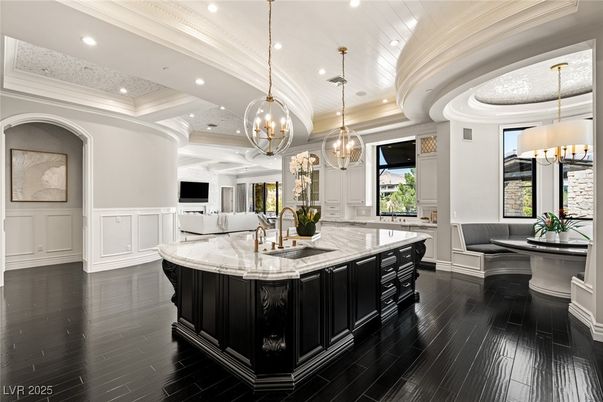 Chandelier, Interior, Kitchen, Pendant Lights, Recessed Lighting, Wood Texture Flooring