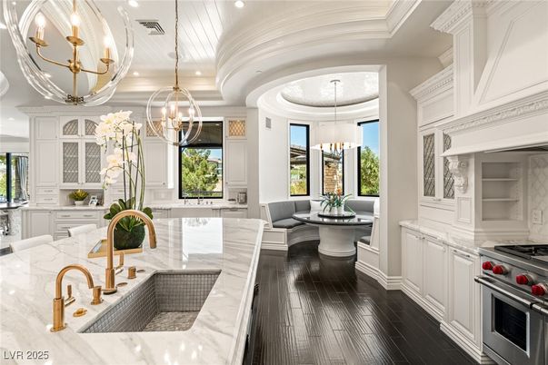 Chandelier, Interior, Kitchen, Pendant Lights, Recessed Lighting, Stainless Steel Appliances, Wood Texture Flooring