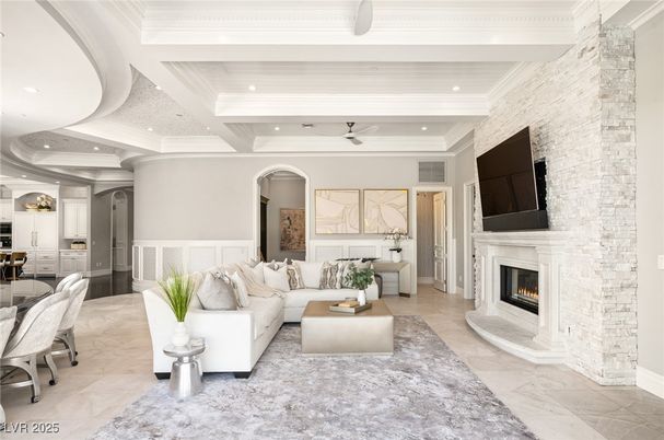 Fireplace, Interior, Living room, Recessed Lighting, Stone Walls