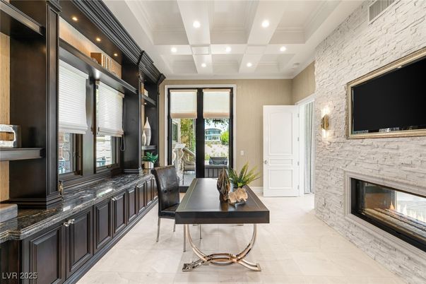 Fireplace, Home Office, Interior, Recessed Lighting, Stone Walls