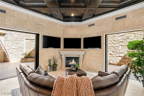 Fireplace, Interior, Living room, Recessed Lighting, Stone Walls
