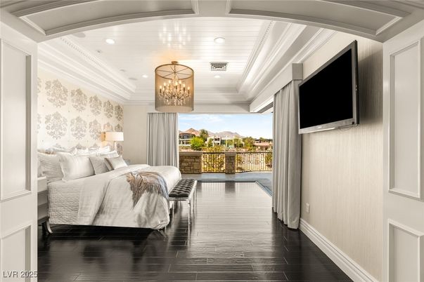 Bedroom, Chandelier, Interior, Recessed Lighting, Wood Texture Flooring