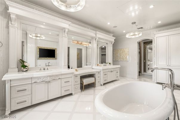 Bathroom, Chandelier, Dual Sink Vanities, Free Standing Baths, Interior, Pendant Lights, Recessed Lighting