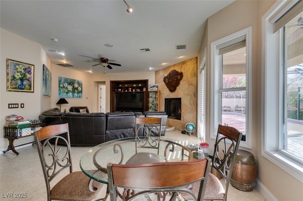 Dining room, Fireplace, Interior, Living room, Recessed Lighting, Stone Walls