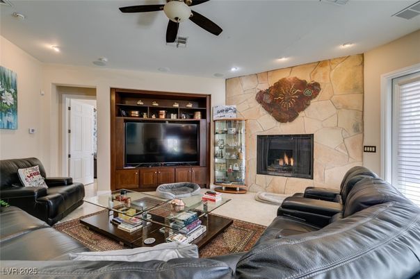 Fireplace, Interior, Living room, Recessed Lighting, Stone Walls