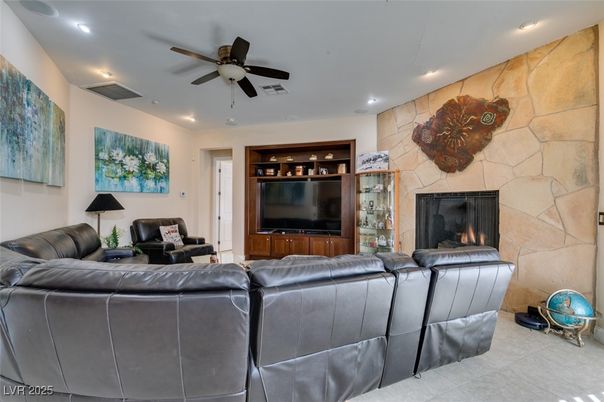Home Theatre Room, Fireplace, Interior, Living room, Recessed Lighting, Stone Walls