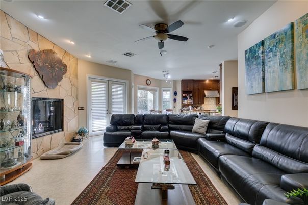 Fireplace, Interior, Kitchen, Living room, Recessed Lighting, Stone Walls