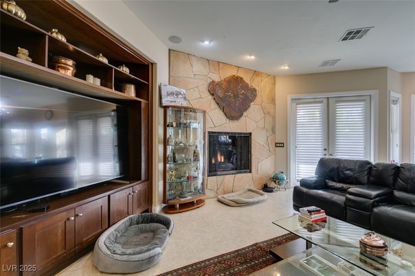 Fireplace, Interior, Living room, Recessed Lighting, Stone Walls