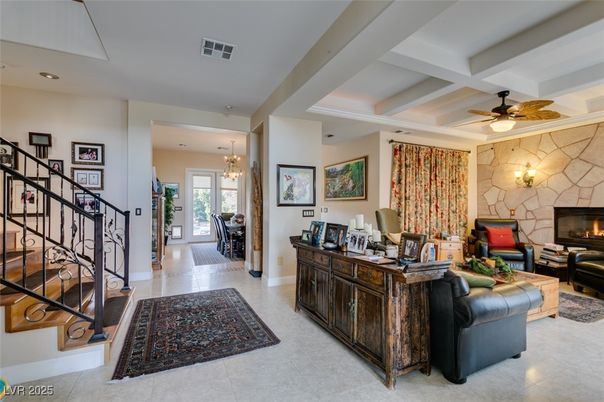 Chandelier, Fireplace, Interior, Living room, Recessed Lighting, Stone Walls