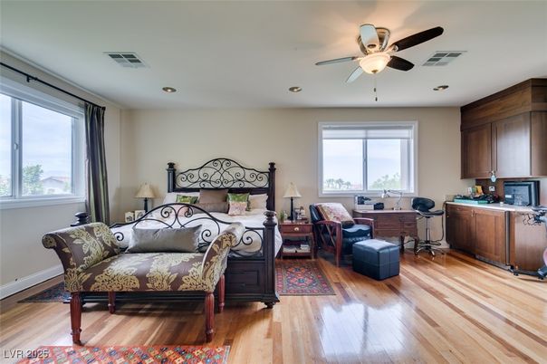 Bedroom, Interior, Recessed Lighting, Wood Texture Flooring