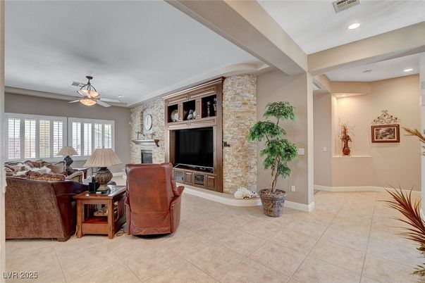 Fireplace, Interior, Living room, Recessed Lighting, Stone Walls