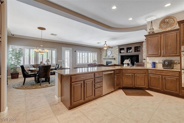 Chandelier, Dining room, Fireplace, Interior, Kitchen, Pendant Lights, Recessed Lighting, Stone Walls