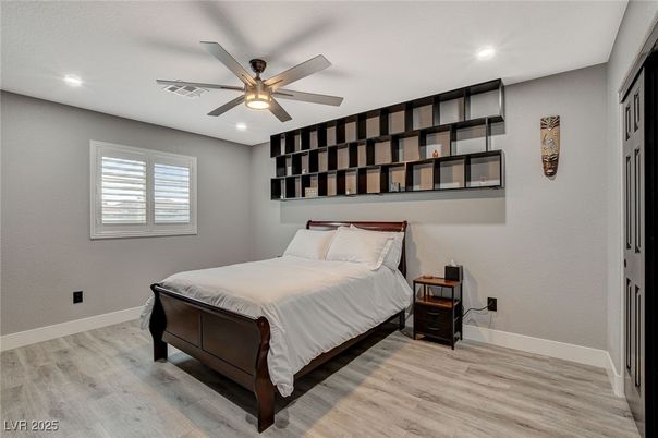 Bedroom, Interior, Recessed Lighting, Wood Texture Flooring