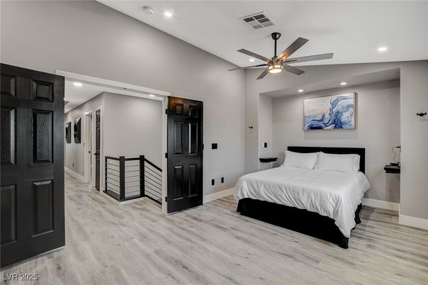 Bedroom, Interior, Recessed Lighting, Wood Texture Flooring