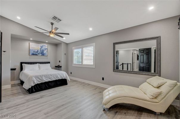 Bedroom, Interior, Recessed Lighting, Wood Texture Flooring