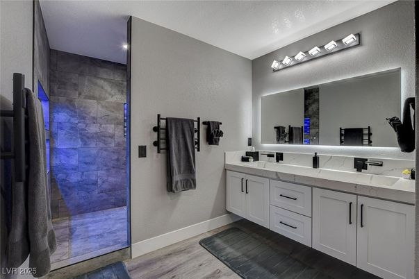 Bathroom, Dual Sink Vanities, Interior, Recessed Lighting, Wood Texture Flooring