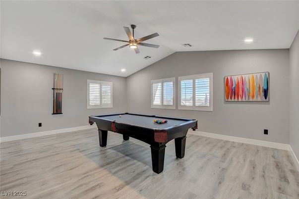 Billiard Table, Game Room, Interior, Recessed Lighting, Wood Texture Flooring