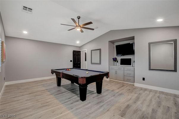 Billiard Table, Game Room, Interior, Recessed Lighting, Wood Texture Flooring