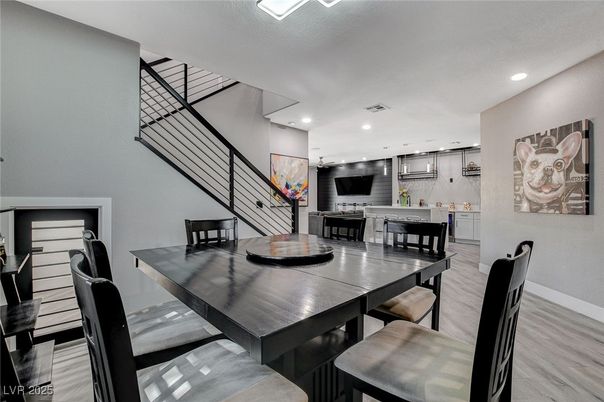 Dining room, Interior, Pendant Lights, Recessed Lighting, Wood Texture Flooring