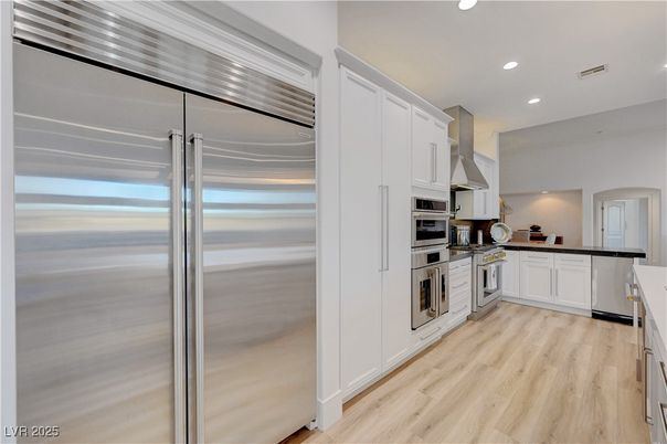 Interior, Kitchen, Recessed Lighting, Stainless Steel Appliances, Wood Texture Flooring