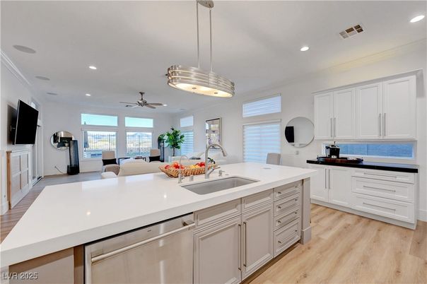 Interior, Kitchen, Pendant Lights, Recessed Lighting, Wood Texture Flooring