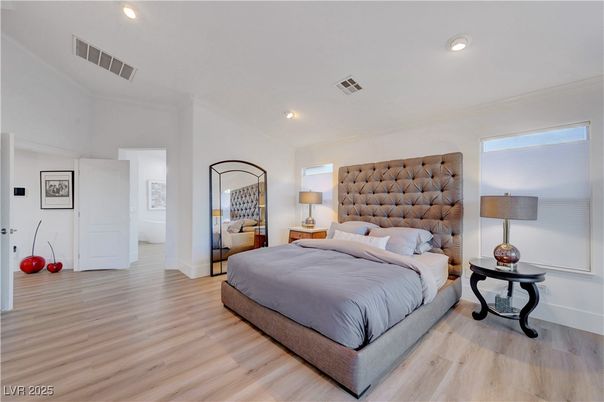 Bedroom, Interior, Recessed Lighting, Wood Texture Flooring