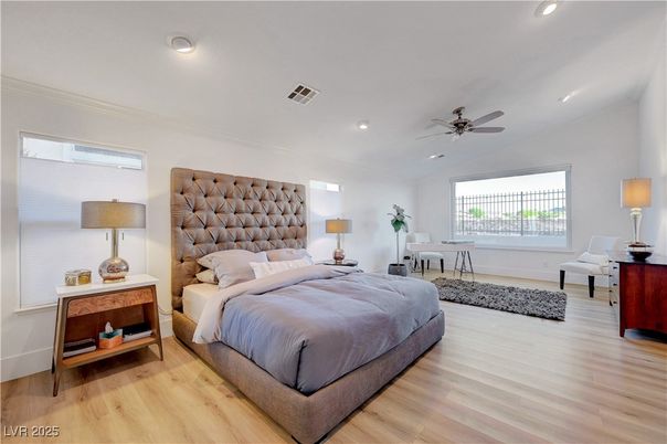 Bedroom, Interior, Recessed Lighting, Wood Texture Flooring
