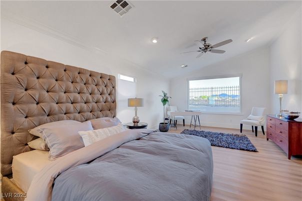 Bedroom, Interior, Recessed Lighting, Wood Texture Flooring