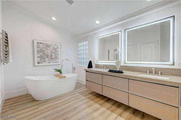 Bathroom, Dual Sink Vanities, Free Standing Baths, Interior, Recessed Lighting, Wood Texture Flooring