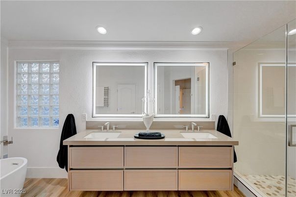Bathroom, Dual Sink Vanities, Interior, Recessed Lighting, Wood Texture Flooring
