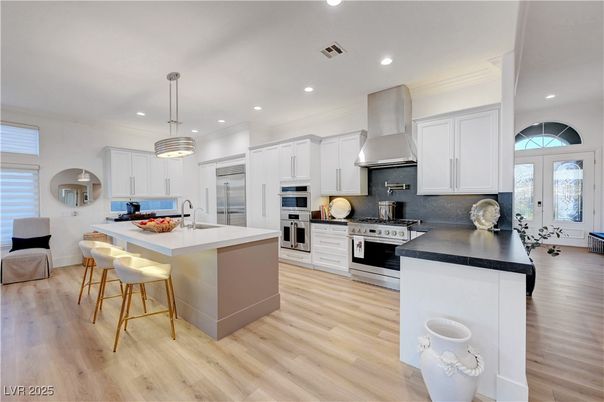 Interior, Kitchen, Pendant Lights, Recessed Lighting, Stainless Steel Appliances, Wood Texture Flooring