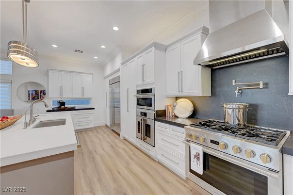Interior, Kitchen, Pendant Lights, Recessed Lighting, Stainless Steel Appliances, Wood Texture Flooring