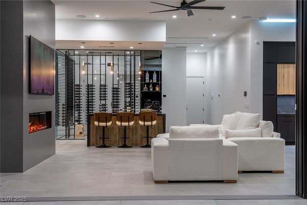 Fireplace, Interior, Living room, Recessed Lighting, Wine Storage