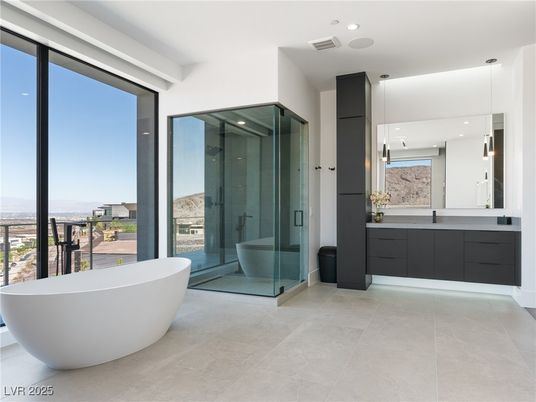 Bathroom, Free Standing Baths, Glass Shower, Interior, Pendant Lights, Recessed Lighting
