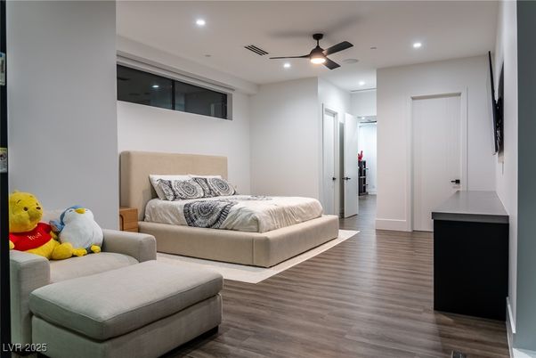 Bedroom, Interior, Recessed Lighting, Wood Texture Flooring