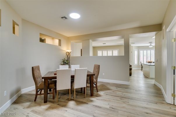 Dining room, Interior, Recessed Lighting, Wood Texture Flooring