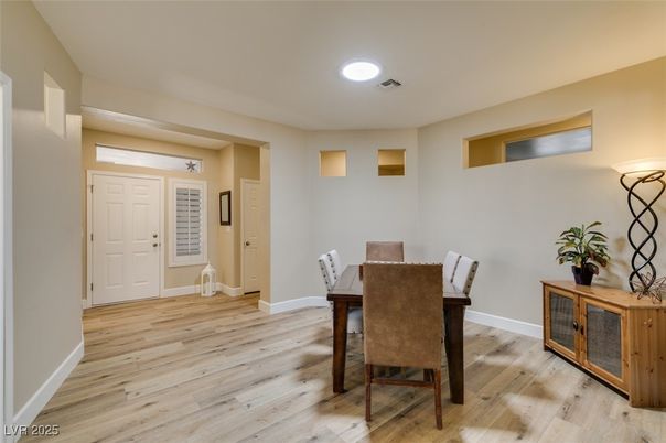 Dining room, Interior, Recessed Lighting, Wood Texture Flooring