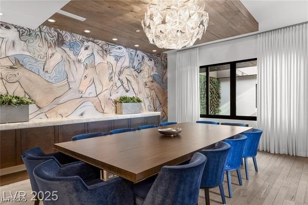 Chandelier, Dining room, Interior, Recessed Lighting, Wooden Ceilings, Wood Texture Flooring