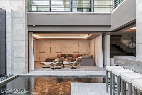 Interior, Living room, Recessed Lighting, Stone Walls, Wood Texture Flooring