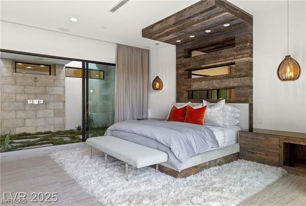 Bedroom, Interior, Pendant Lights, Recessed Lighting, Stone Walls, Wooden Ceilings, Wood Texture Flooring, Wooden Walls