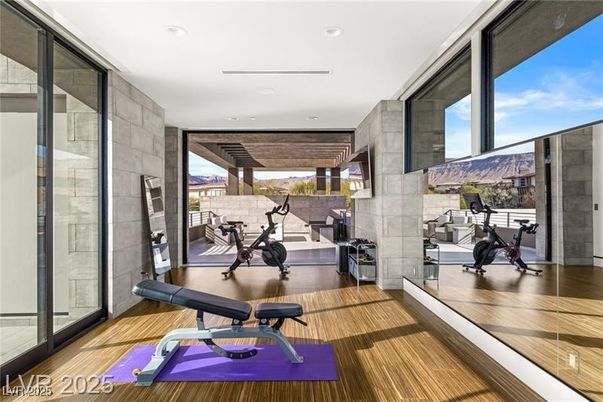 Fitness Equipment, Interior, Recessed Lighting, Stone Walls, Wood Texture Flooring