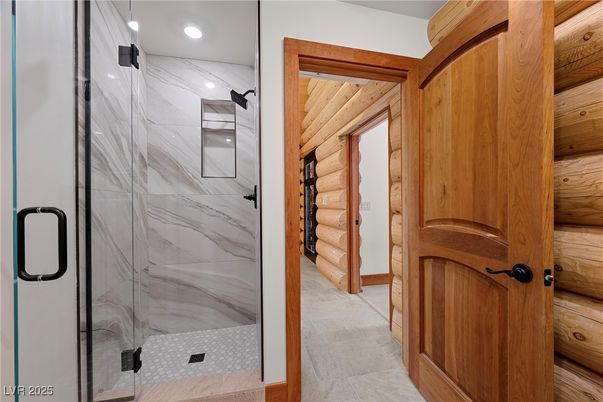 Bathroom, Glass Shower, Interior, Marble Walls, Recessed Lighting, Wooden Ceilings