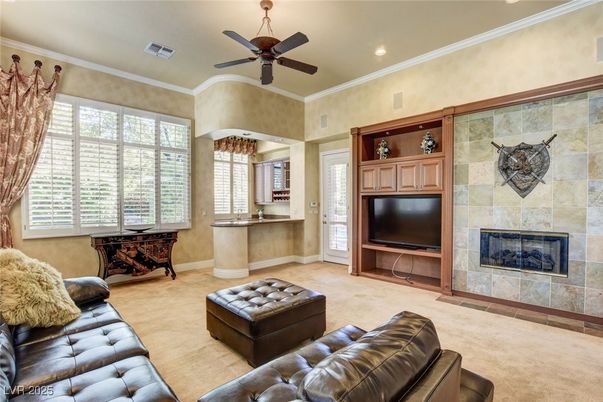 Fireplace, Interior, Living room, Recessed Lighting, Stone Walls