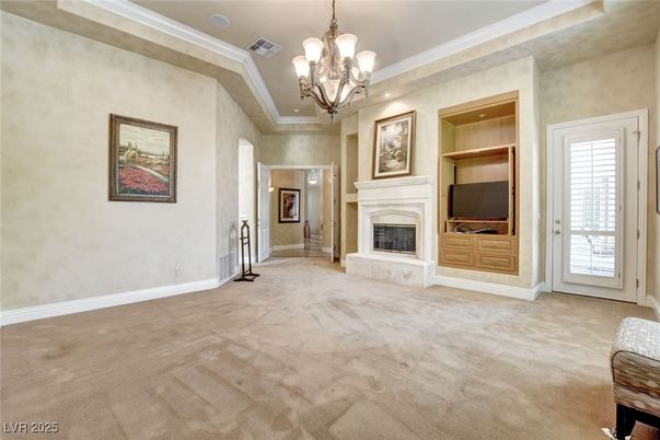 Chandelier, Empty room, Fireplace, Interior